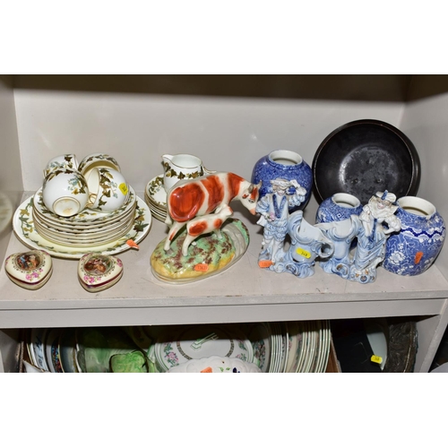 348 - THREE BOXES AND LOOSE OF CERAMICS, GLASS AND METALWARE, including Limoges Strawberry dish, brass mor... 