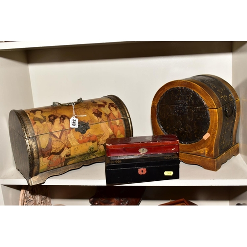 349 - A COLLECTION OF TREEN AND MISCELLANEOUS ITEMS, including modern novelty boxes, a cuckoo clock, coat ... 