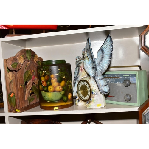 349 - A COLLECTION OF TREEN AND MISCELLANEOUS ITEMS, including modern novelty boxes, a cuckoo clock, coat ... 