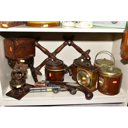 349 - A COLLECTION OF TREEN AND MISCELLANEOUS ITEMS, including modern novelty boxes, a cuckoo clock, coat ... 