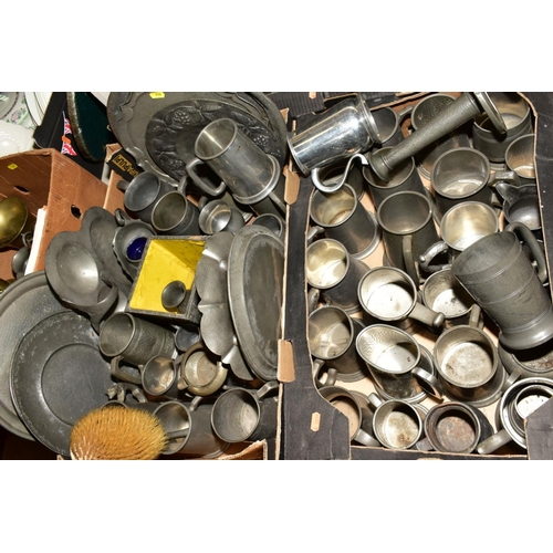 350 - FIVE BOXES AND LOOSE OF PEWTER AND LOOSE, including tankards, plates, embossed plates, hammered tank... 