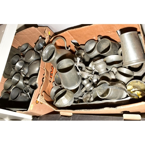 350 - FIVE BOXES AND LOOSE OF PEWTER AND LOOSE, including tankards, plates, embossed plates, hammered tank... 