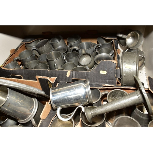 350 - FIVE BOXES AND LOOSE OF PEWTER AND LOOSE, including tankards, plates, embossed plates, hammered tank... 