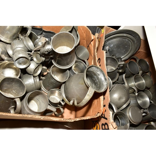 350 - FIVE BOXES AND LOOSE OF PEWTER AND LOOSE, including tankards, plates, embossed plates, hammered tank... 