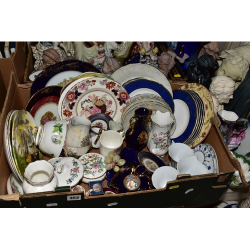 353 - TWO BOXES AND LOOSE OF MISCELLANEOUS CERAMICS AND A LARGE BRASS KETTLE, including a jardiniere stand... 