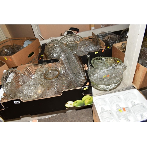 356 - SEVEN BOXES AND LOOSE MISCELLANEOUS GLASSWARE, mostly pressed glass including bowls, cake plates, co... 