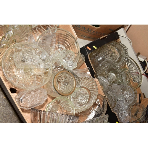 356 - SEVEN BOXES AND LOOSE MISCELLANEOUS GLASSWARE, mostly pressed glass including bowls, cake plates, co... 