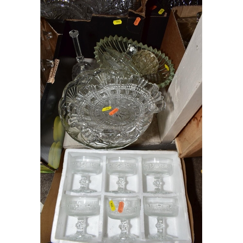 356 - SEVEN BOXES AND LOOSE MISCELLANEOUS GLASSWARE, mostly pressed glass including bowls, cake plates, co... 