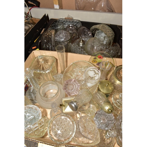 356 - SEVEN BOXES AND LOOSE MISCELLANEOUS GLASSWARE, mostly pressed glass including bowls, cake plates, co... 