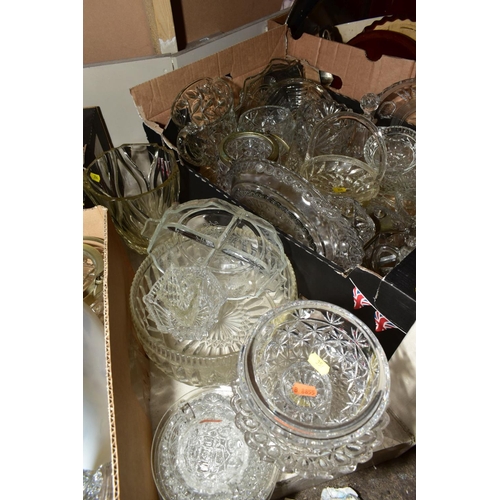 356 - SEVEN BOXES AND LOOSE MISCELLANEOUS GLASSWARE, mostly pressed glass including bowls, cake plates, co... 