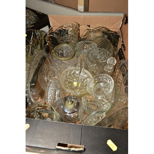 356 - SEVEN BOXES AND LOOSE MISCELLANEOUS GLASSWARE, mostly pressed glass including bowls, cake plates, co... 