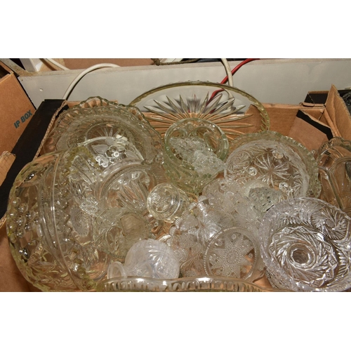 356 - SEVEN BOXES AND LOOSE MISCELLANEOUS GLASSWARE, mostly pressed glass including bowls, cake plates, co... 