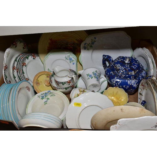 358 - TWO BOXES AND LOOSE OF CERAMICS & TEA WARES, including a late 19th century tea pot, Royal Albert 'Ol... 