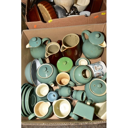 359 - FOUR BOXES OF DENBY AND STONEWARE, including jelly moulds, flan dishes, brown casseroles, Price Powe... 