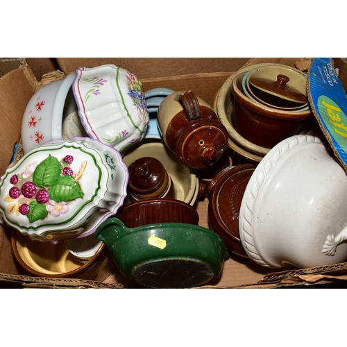 359 - FOUR BOXES OF DENBY AND STONEWARE, including jelly moulds, flan dishes, brown casseroles, Price Powe... 