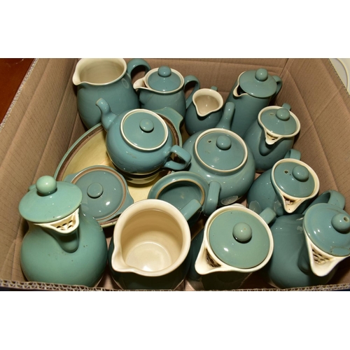 359 - FOUR BOXES OF DENBY AND STONEWARE, including jelly moulds, flan dishes, brown casseroles, Price Powe... 