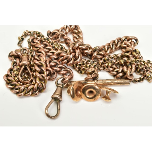 36 - A SELECTION OF ITEMS, to include a rose metal Albert chain, stamped 9ct, gold plated swivel clasp an... 