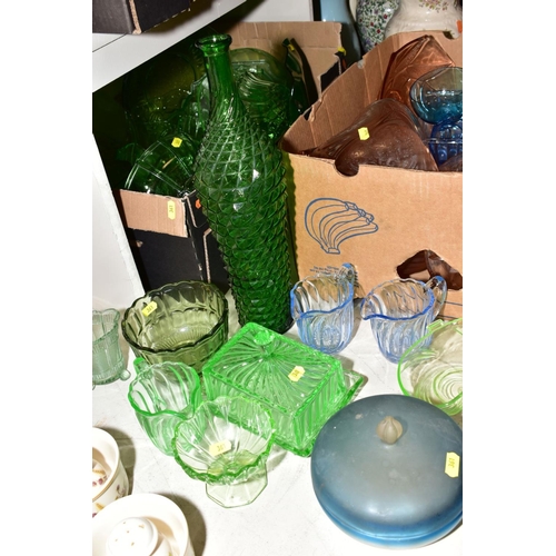 361 - THREE BOXES AND LOOSE OF COLOURED GLASS AND CUT GLASS, including pressed glass in green, pink and bl... 