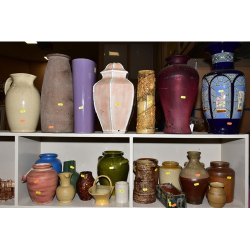 362 - A QUANTITY OF 19TH AND 20TH CENTURY STONEWARE JARS, FLAGONS, GLAZED VASES, JARDINIERES, JARS AND COV... 