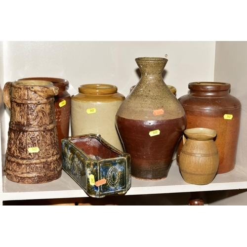 362 - A QUANTITY OF 19TH AND 20TH CENTURY STONEWARE JARS, FLAGONS, GLAZED VASES, JARDINIERES, JARS AND COV... 