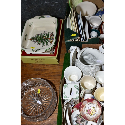 364 - FOUR BOXES AND LOOSE CERAMICS AND GLASSWARE, including boxed Spode Christmas Tree serving dish, a qu... 