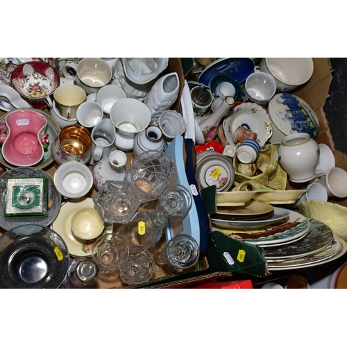 364 - FOUR BOXES AND LOOSE CERAMICS AND GLASSWARE, including boxed Spode Christmas Tree serving dish, a qu... 