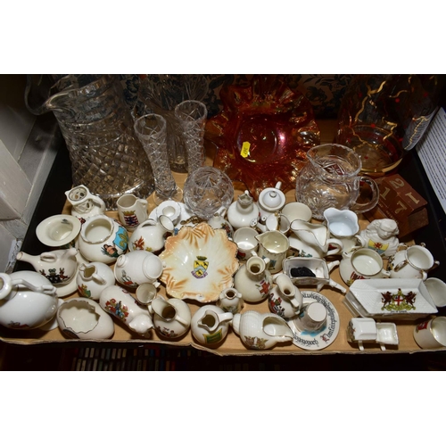 367 - SIX BOXES AND LOOSE CRESTED CHINA, GLASSWARE, CASED LP'S, CD'S, CASSETTES, MIRROR, NEEDLEWORK PICTUR... 