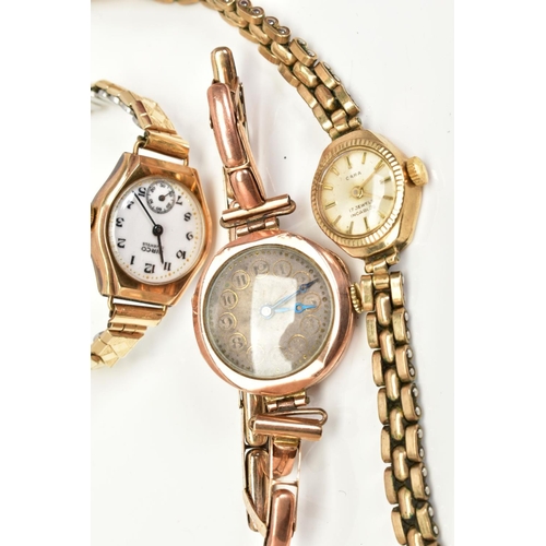 37 - THREE LADIES GOLD WRISTWATCHES, to include a silver engine turned design dial, Arabic numerals, blue... 