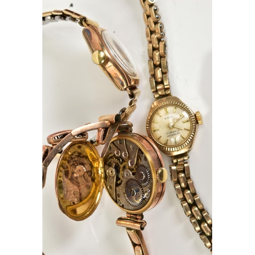 37 - THREE LADIES GOLD WRISTWATCHES, to include a silver engine turned design dial, Arabic numerals, blue... 