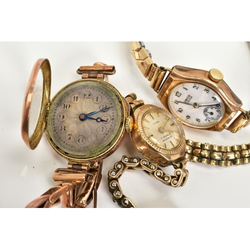 37 - THREE LADIES GOLD WRISTWATCHES, to include a silver engine turned design dial, Arabic numerals, blue... 