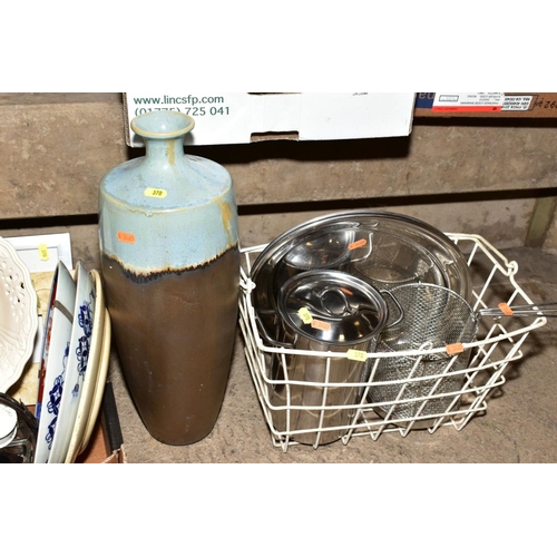 370 - THREE BOXES, A BASKET AND LOOSE CERAMICS, GLASSWARE, KITCHENALIA, METALWARE,  including a Webb Corbe... 