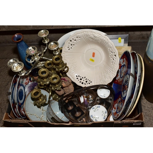 370 - THREE BOXES, A BASKET AND LOOSE CERAMICS, GLASSWARE, KITCHENALIA, METALWARE,  including a Webb Corbe... 