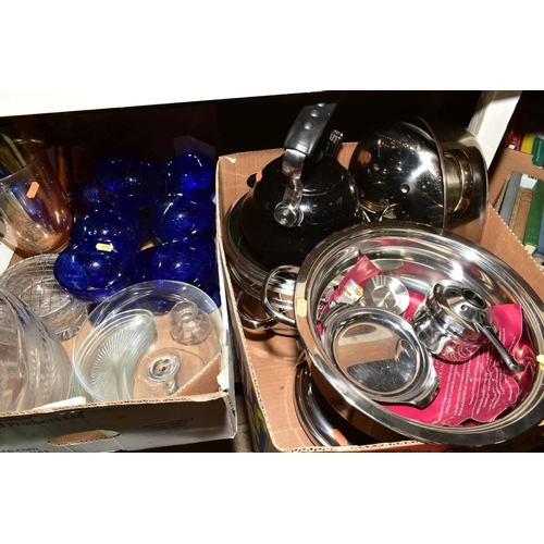 370 - THREE BOXES, A BASKET AND LOOSE CERAMICS, GLASSWARE, KITCHENALIA, METALWARE,  including a Webb Corbe... 