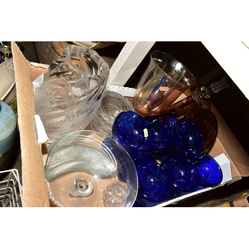 370 - THREE BOXES, A BASKET AND LOOSE CERAMICS, GLASSWARE, KITCHENALIA, METALWARE,  including a Webb Corbe... 