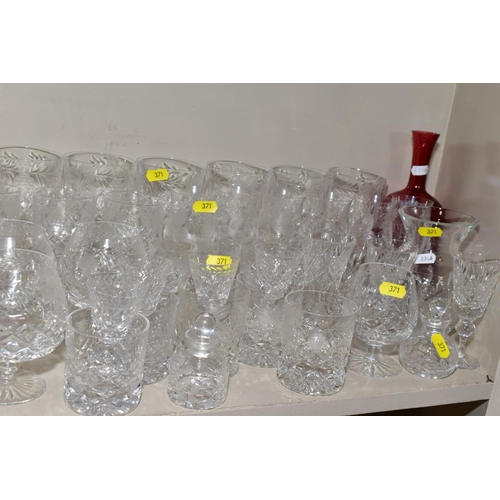 371 - A COLLECTION OF DRINKING GLASSES AND OTHER GLASSWARE, including a pair of Cranberry glass vases with... 