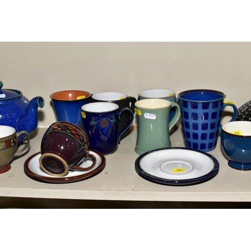 374 - A COLLECTION OF DENBY POTTERY MUGS, TEA POTS, etc, various patterns and glazes, including a coffee p... 