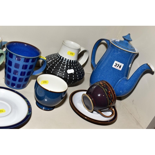 374 - A COLLECTION OF DENBY POTTERY MUGS, TEA POTS, etc, various patterns and glazes, including a coffee p... 