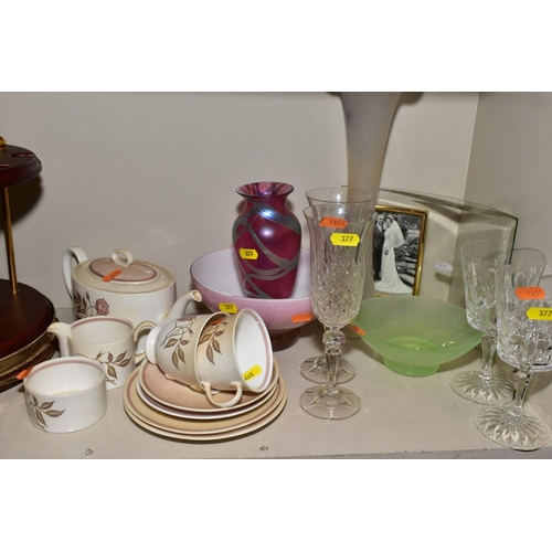 377 - FOUR BOXES AND LOOSE CERAMICS, GLASSWARE, ETC, including Royal Standard Melody pattern coffee and di... 