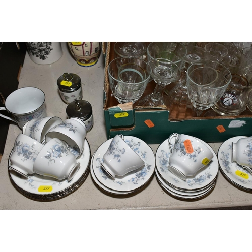 377 - FOUR BOXES AND LOOSE CERAMICS, GLASSWARE, ETC, including Royal Standard Melody pattern coffee and di... 