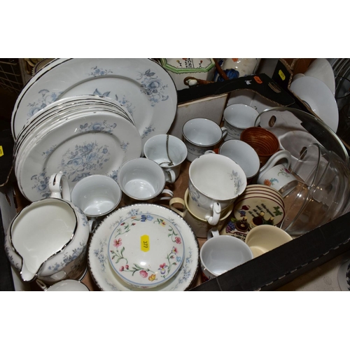 377 - FOUR BOXES AND LOOSE CERAMICS, GLASSWARE, ETC, including Royal Standard Melody pattern coffee and di... 