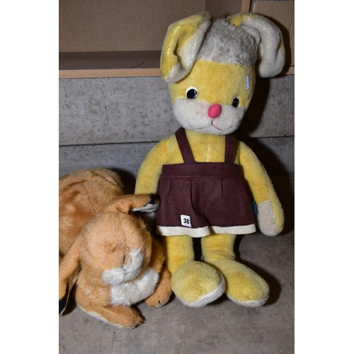 381 - TWO MERRYTHOUGHT RABBIT SOFT TOYS, one is large yellow and white in colour with brown pinafore dress... 