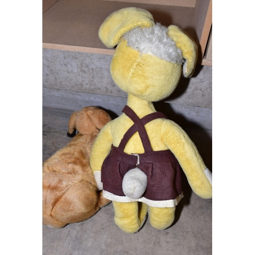 381 - TWO MERRYTHOUGHT RABBIT SOFT TOYS, one is large yellow and white in colour with brown pinafore dress... 