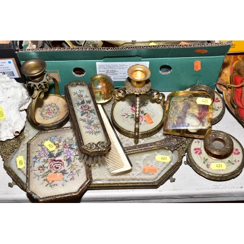 421 - THREE BOXES AND LOOSE COLLECTABLES, PETIT POINT DRESSING TABLE SETS, Seashells, cow horn ships, Ship... 