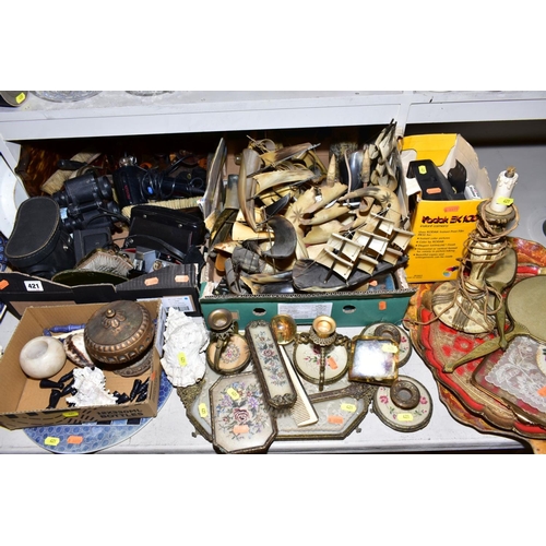 421 - THREE BOXES AND LOOSE COLLECTABLES, PETIT POINT DRESSING TABLE SETS, Seashells, cow horn ships, Ship... 