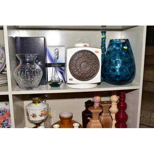 422 - A BOXED STUART CRYSTAL VASE AND OTHER CERAMICS AND GLASSWARE, including Doulton table lamps and cand... 