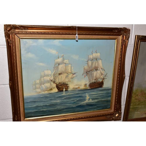 427 - PAINTINGS, PRINTS AND MIRRORS ETC, to include a maritime sea battle oil on canvas, signed Voss dated... 