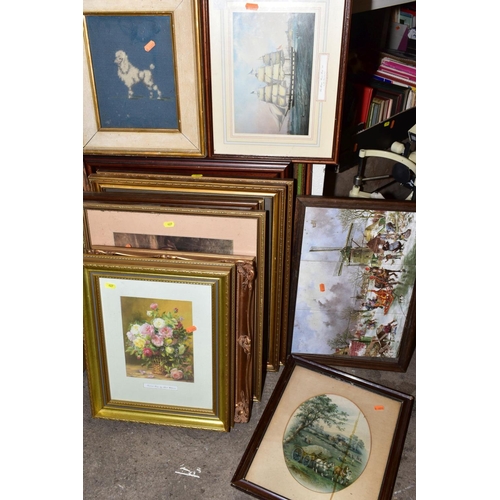 427 - PAINTINGS, PRINTS AND MIRRORS ETC, to include a maritime sea battle oil on canvas, signed Voss dated... 