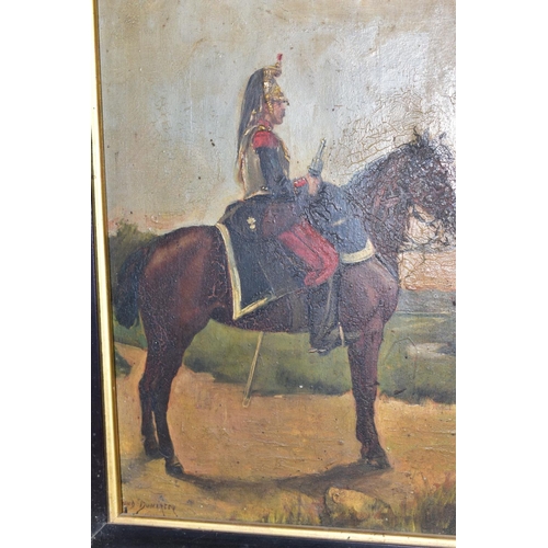 431 - ARMAND DUMARESQ (1826-1895), a French cuirassier/cavalryman on horseback with pistol drawn, signed b... 