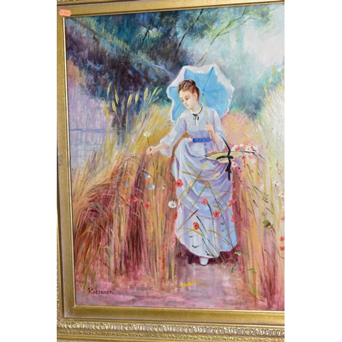 432 - ROBINSON (20TH CENTURY) a female figure walking through foliage wearing Edwardian style dress, signe... 