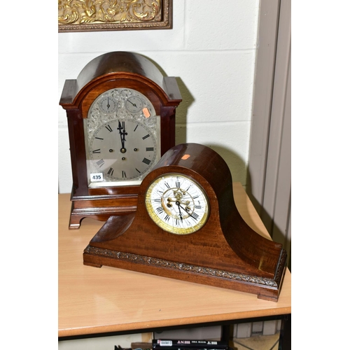 435 - AN EARLY 20TH CENTURY MAHOGANY CASED BRACKET CLOCK, arched top above a foliate engraved silvered dia... 